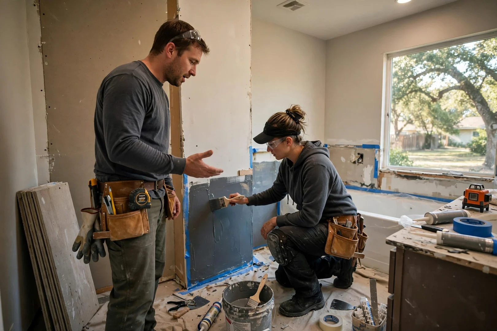 Homeowner reviewing tile and vanity samples for a Rowlett bathroom remodel at kitchen table