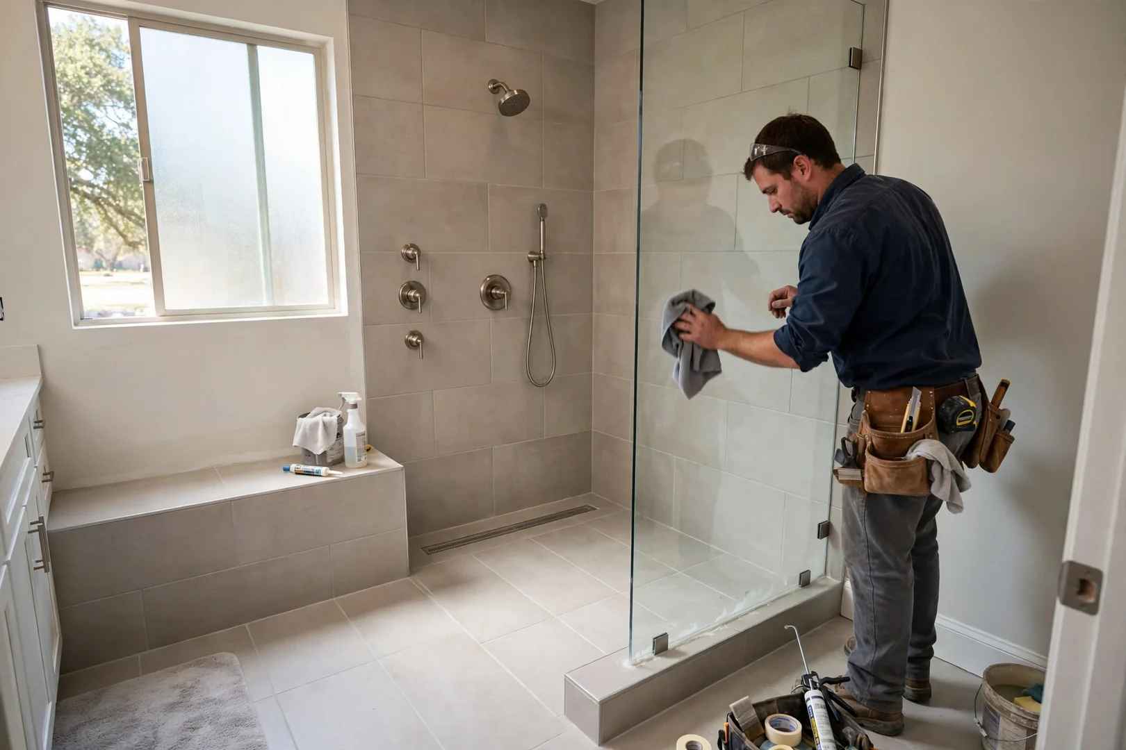 Finished walk-in shower with tiled curbless entry in a Rowlett home remodel
