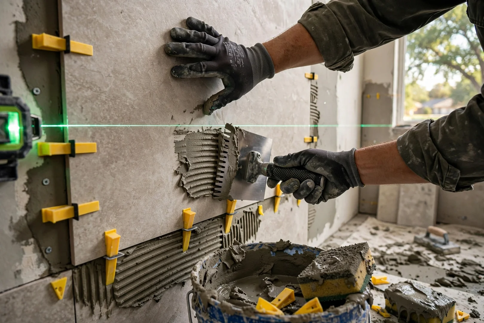 Contractor setting large-format tile with leveling clips on a bathroom wall