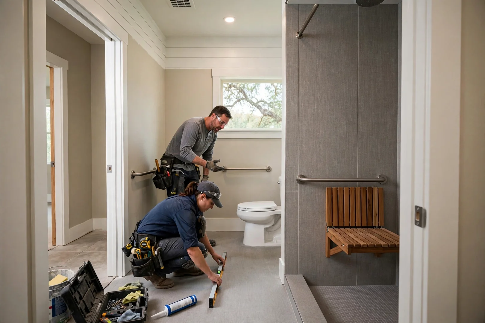 Wide view of completed ADA-accessible bathroom with grab bars and comfort-height vanity