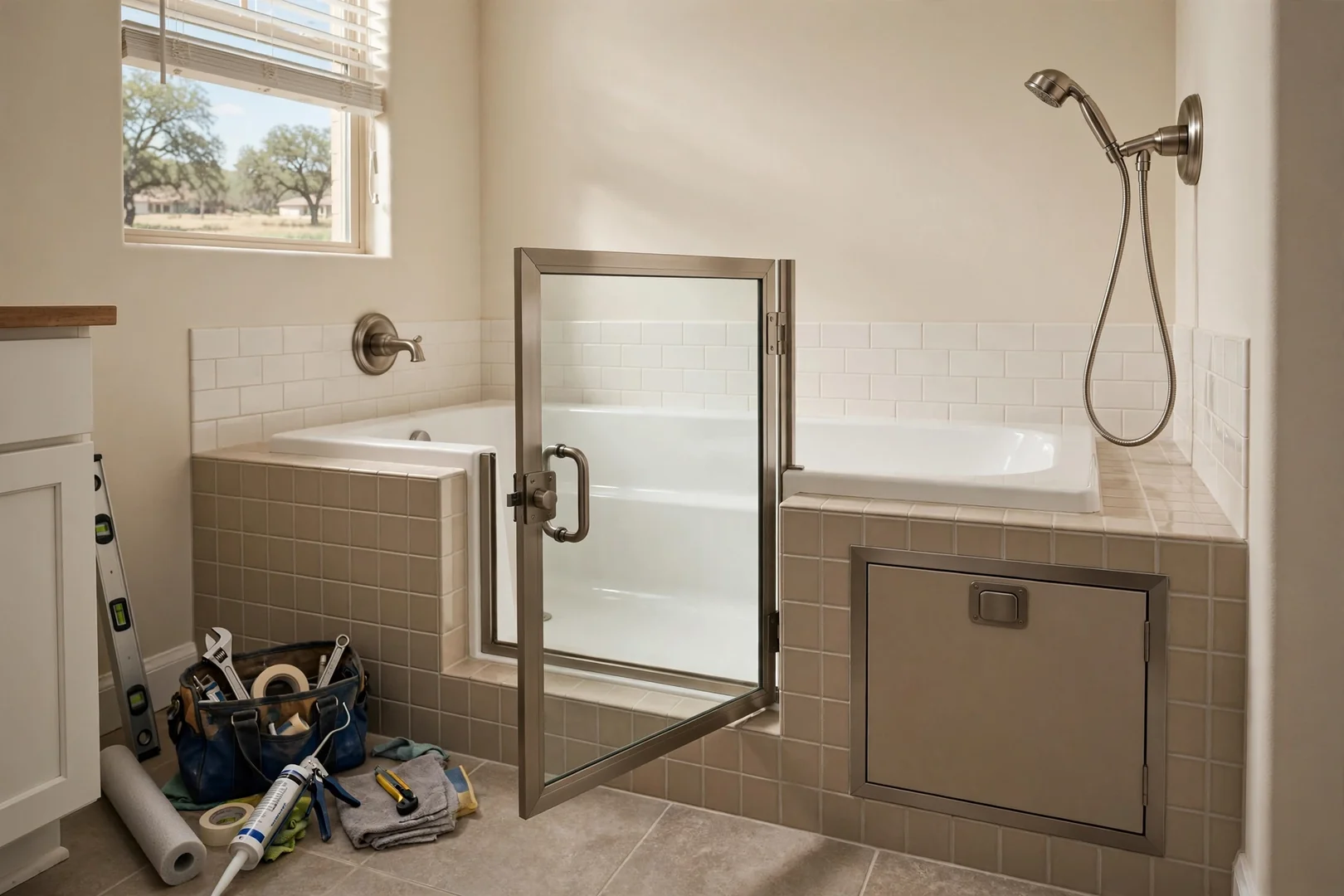 Walk-in tub installed with tiled apron and plumbing access panel in place
