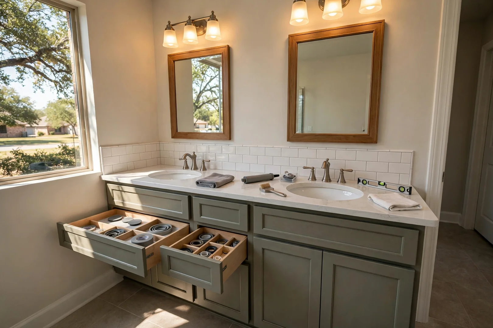 Finished double vanity with quartz top and tiled floor in a Rowlett bathroom